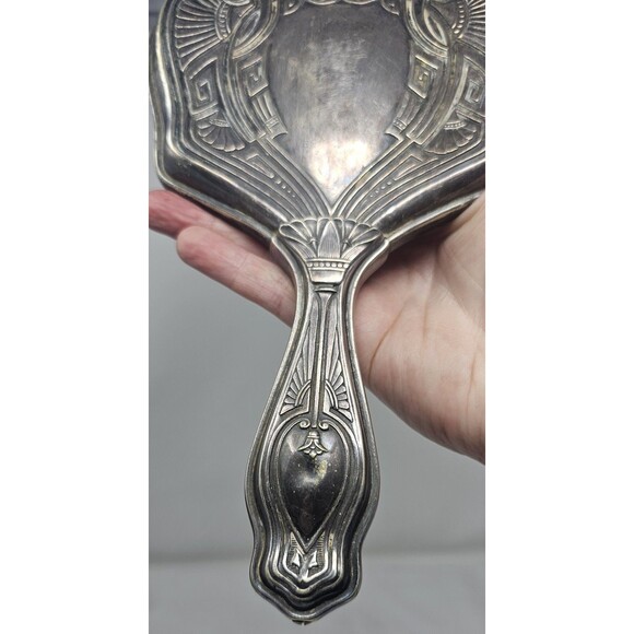 Antique Art Nouveau Silver Plated 10" Hand Vanity Mirror Victorian Design 1905 - Picture 9 of 12